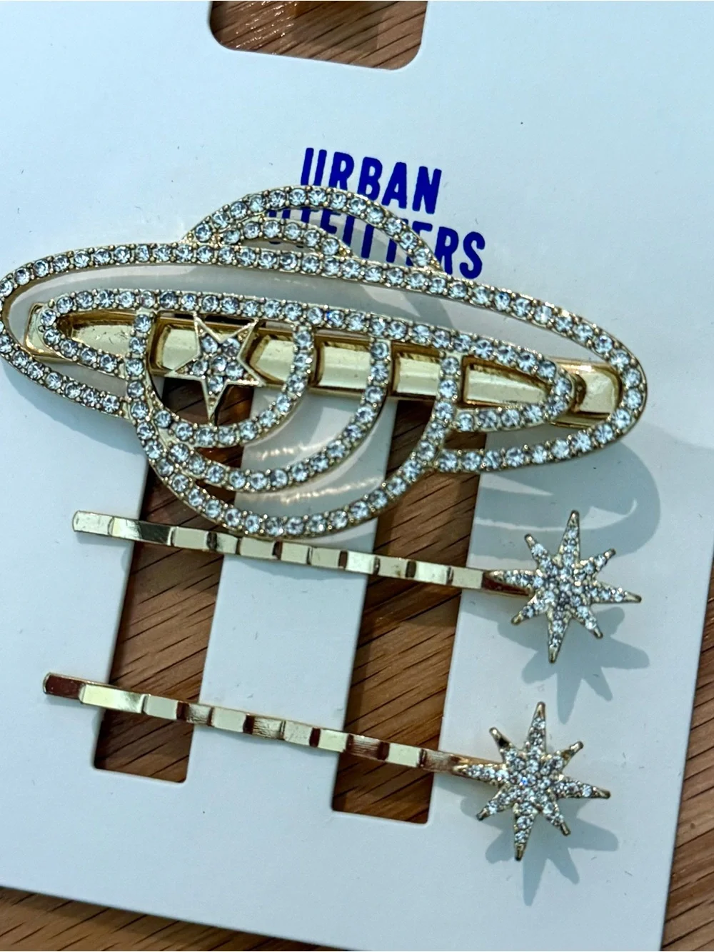 Urban Outfitters Gold Crystal Rhinestone Sparkly Planet Hair Clip Set